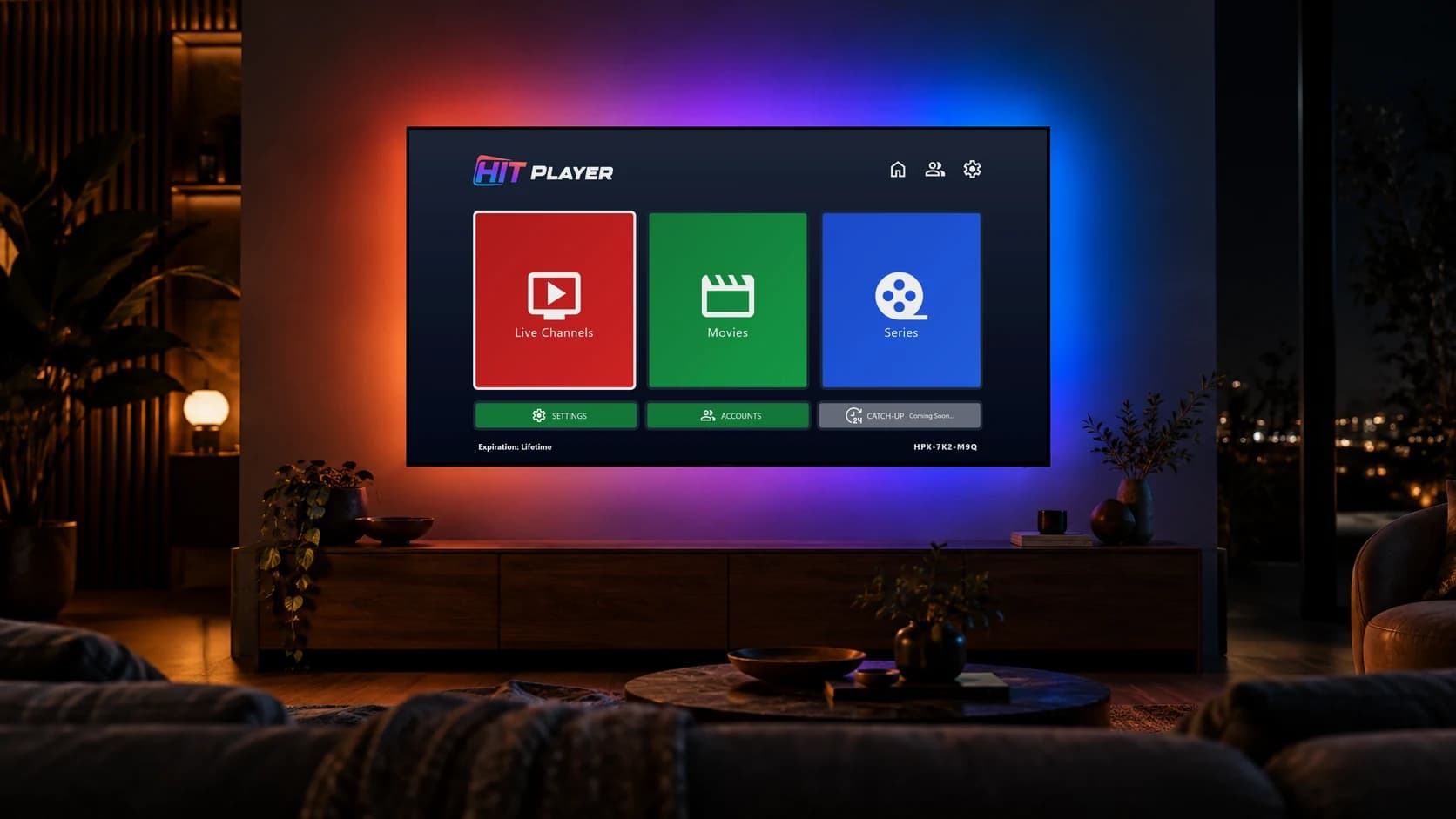Hit Player home screen on a wall-mounted Smart TV in a living room