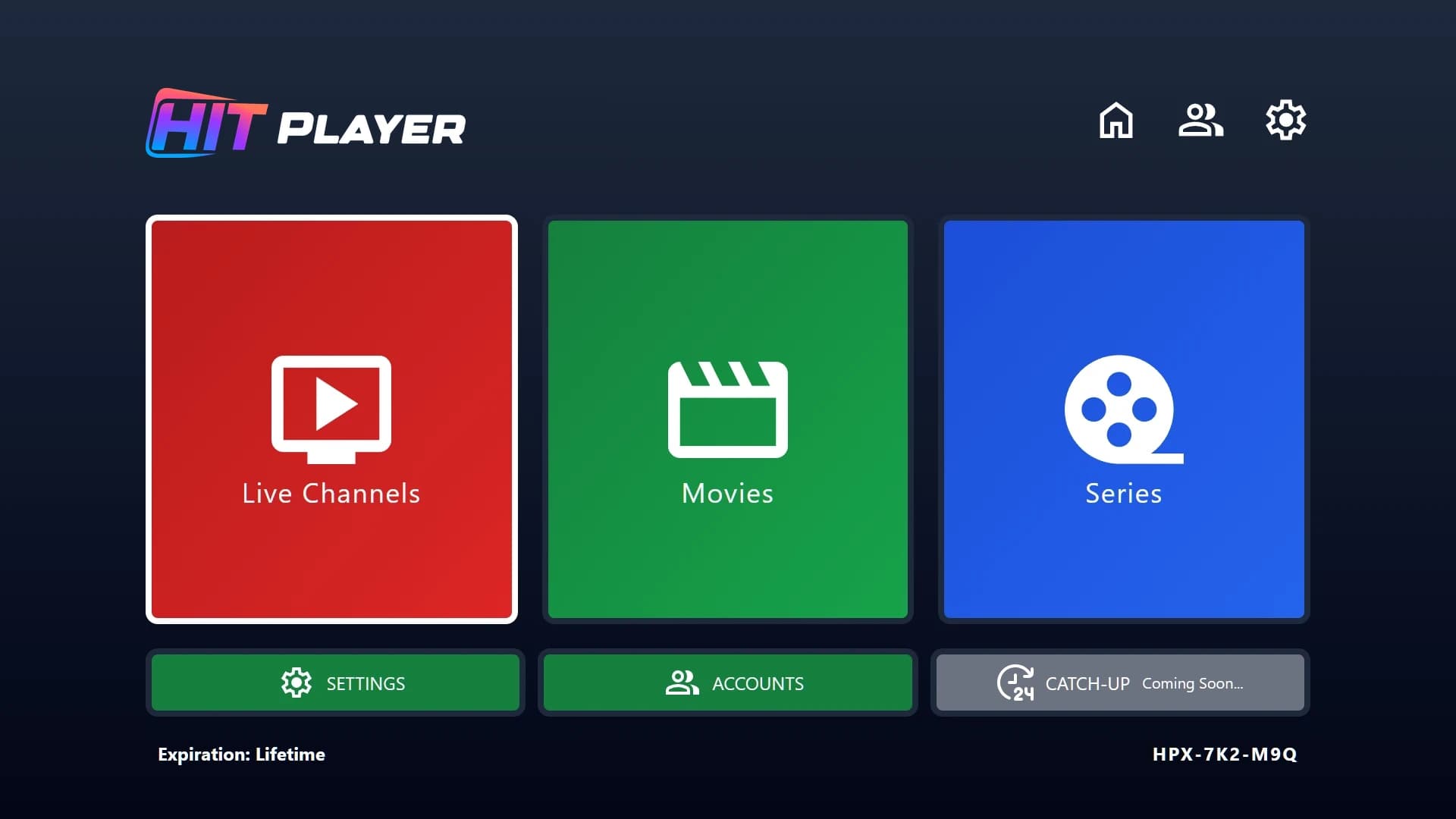 Startbildschirm von Hit Player mit der Geräte-ID unten rechts