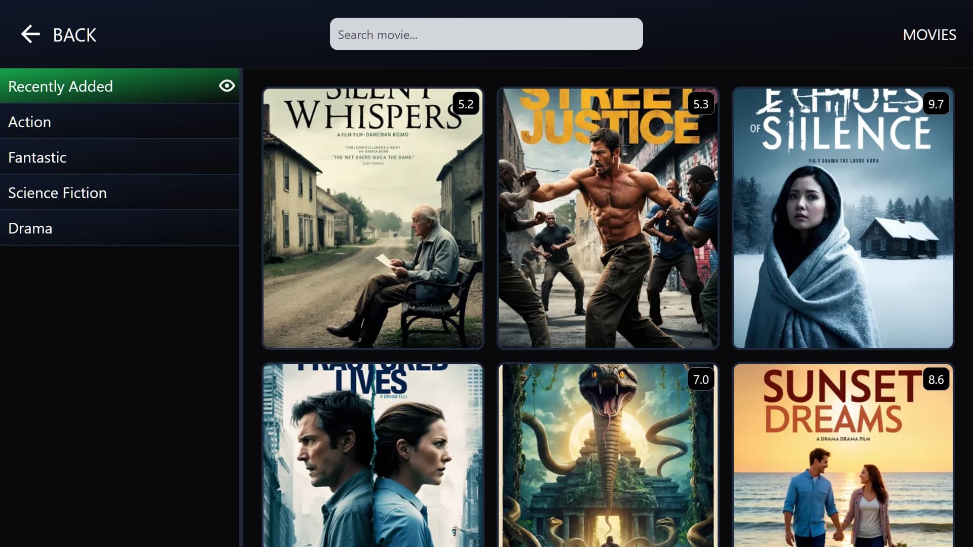 Movies screen in Hit Player with posters and categories